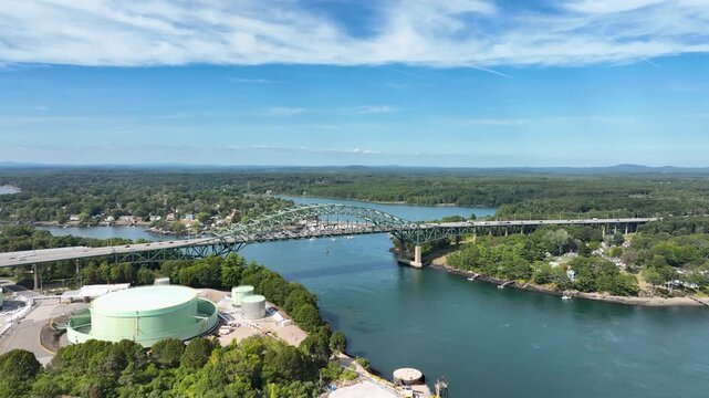 Aerial view of the Piscataqua River Bridge carrying Interstate 95 across the wide river between New Hampshire and Maine.