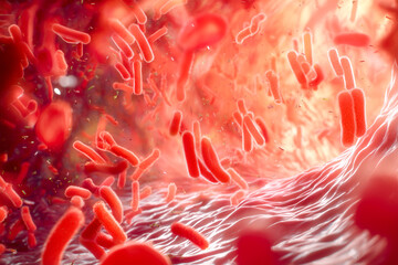 3D render of Salmonella bacteria in the human bloodstream, interacting with immune cells among red blood cells and plasma. Realistic scale and biological detail