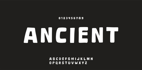 Obraz premium Cartoon audacious alphabet, playful uneven letters, bold geometric graffiti font for kid toy logo, youthful lettering, joyful headlines, and comic book typography. Vector typeset.