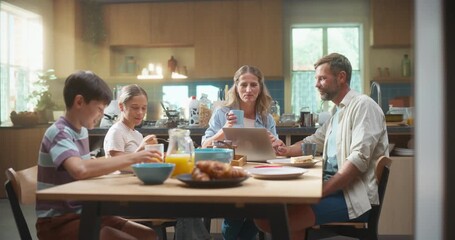 Family Enjoys Breakfast, Engaging in Digital Media Literacy Discussions. Parents Guide Children on Safe Technology Use, Fostering Understanding and Responsible Habits With Smartphones and Tablets. - Powered by Adobe