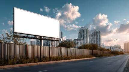 Large blank billboard by the road with buildings and cloudy sky