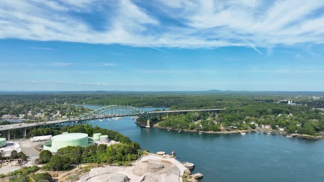 Aerial view of the Piscataqua River Bridge carrying Interstate 95 across the wide river between New Hampshire and Maine.