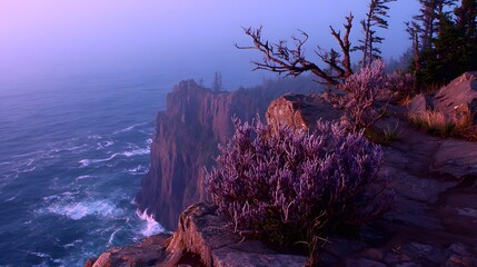 Craggy cliffside shrubs grip the edge of a windy rocky ledge under twilight.