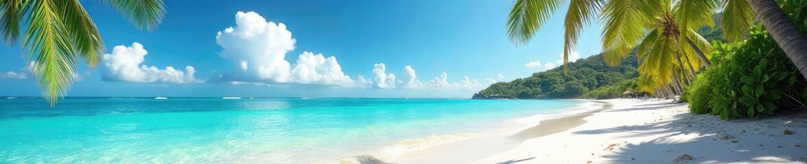 Obraz premium Sunny day at a tropical beach with turquoise water lapping gently on the shore, white sand, and palm trees swaying in the breeze Perfect summer vacation scene , coast, sea breeze, waves