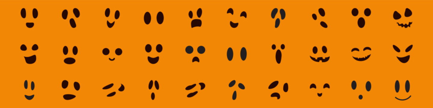 Spooky Halloween ghost face pattern isolated on orange background. Vector black pumpkin ghost emoji collection varied minimalist expressions, repeating decorative texture for halloween holiday design