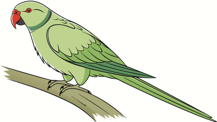 Green Parrot Perched on Branch Bird Illustration Wildlife Nature Artwork.