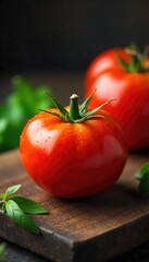 A vibrant, ripe tomato, glistening with dew, sits on a rustic wooden table, ready to be part of a delicious meal Perfect for culinary, food, or healthy eating concepts , vibrant, food