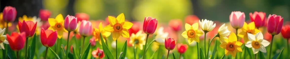 Fototapeta premium Vibrant spring flowers in a lush meadow bursting with color; a delightful array of tulips, daffodils, and other blooms bathed in sunlight , orange, meadow
