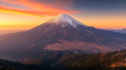 A scenic view of mount fuji with snow capped peak under a vibrant sunset sky in the japanese landscape