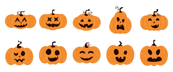 Halloween pumpkin face collection cartoon jack o lantern in bright orange, spooky smiling character scary carved design ideal for autumn decoration and seasonal halloween graphics. Vector illustration