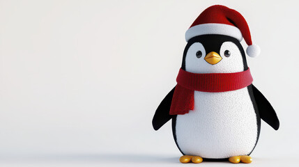 Fototapeta premium Cute cartoon penguin wearing Christmas hat and scarf, ready for holiday season, spreading joy and cheer