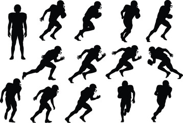 American football player silhouettes, dynamic poses, helmeted athletes, sports action, black vector icons, isolated figures, grid layout, motion study