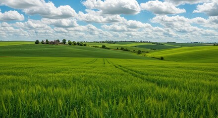 Obraz premium Rolling summer hills covered in green wheat under fluffy white clouds, showcasing fertile soil, renewable agriculture, and peaceful rural living—great for organic food branding or environmental report