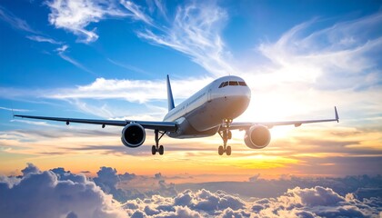 Obraz premium Airplane above clouds at sunset