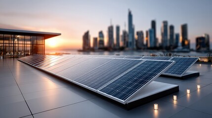 Modern Solar Panels on Rooftop Overlooking City Skyline at Sunset, Renewable Energy Concept