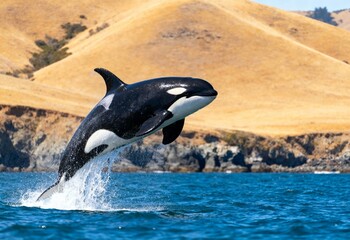 Orca breaching in blue ocean near rocky coastline with golden hills on sunny day, wildlife action and marine mammal splash in natural habitat