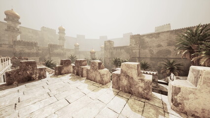 A view of an ancient city features towering structures adorned with golden domes, surrounded by palm trees, capturing a rich historical atmosphere shrouded in light fog.