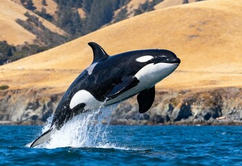 Fototapeta premium Orca breaching in coastal ocean with splash against rocky shoreline and golden hills on a sunny day, wildlife action and marine mammal behavior in nature