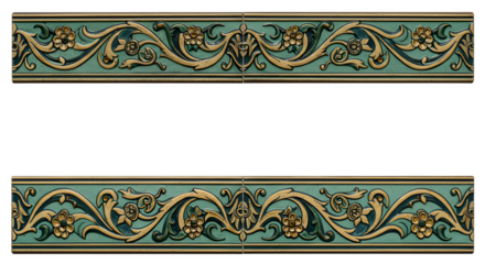 Green and gold ceramic detail shows relief floral pattern with tile seams for architecture renders, design elements.