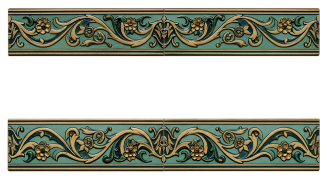 Green and gold ceramic detail shows relief floral pattern with tile seams for architecture renders, design elements.