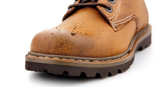 Close up of brown leather boot showcasing its texture and details, highlighting wear and craftsmanship