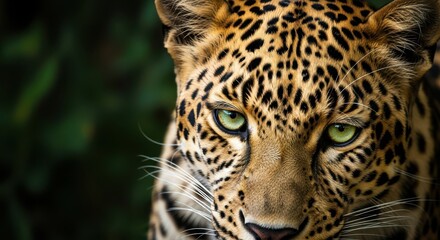 Obraz premium Majestic Leopard with Piercing Green Eyes in Lush Forest Setting