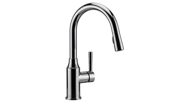 Chrome kitchen faucet gleams against black background, ideal for product photography, branding, or posters.