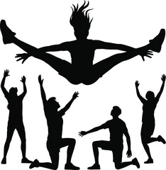 Silhouette people jumping, athletic teamwork, cheerleading stunt, acrobatic jump, energetic motion, group performance, sports training, fitness exercise, dynamic action, outdoor activity
