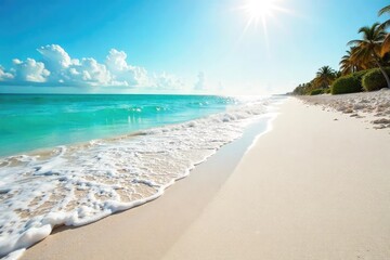Sun-drenched, fine white sand of Miami Beach, glistening under the bright Florida sun Perfect texture for summer backgrounds and travel imagery Waves gently lap the shore , waves, turquoise