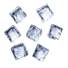 Obraz premium Seven transparent ice cubes isolated on transparent background, a visually appealing arrangement perfect for adding a cool and refreshing touch to any design project