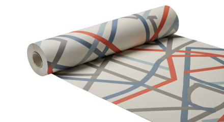 Geometric wallpaper displays lines in red, blue, gray. Soft lighting creates a modern texture for interior design, branding, posters.