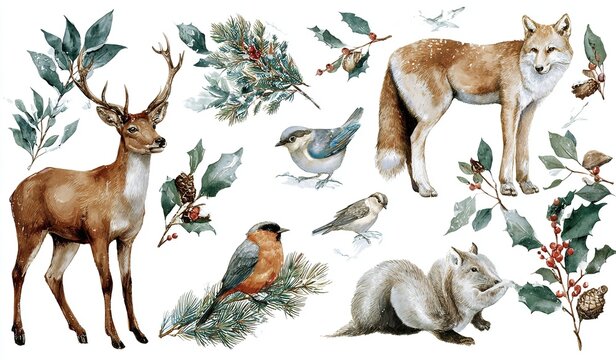 Watercolor Christmas woodland animals for winter holidays with deer, fox, bird, squirrel and foliage. High quality