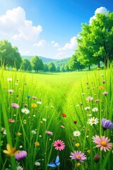 Vibrant green meadow bursting with wildflowers and lush grasses under a bright summer sky  Perfect for nature, ecology, and environmental themes ,  rural,  vegetation