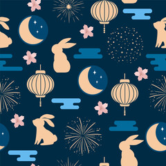 Decorative Mid-Autumn Festival pattern, seamless background with lanterns, full moon, lotus flowers, fireworks, rabbits, minimal vector design