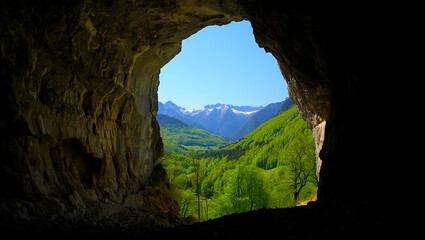A stunning view from a dark cave entrance showcasing a vibrant green valley and snowcapped mountains under a clear blue sky