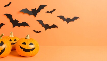 Cheerful Halloween Scene: Smiling Pumpkins and Bats on Orange Backdrop