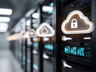 Digital padlock glowing within cloud symbol, safeguarding network data transmission through secure server infrastructure