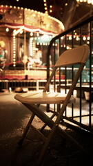 A white chair is placed on a balcony overlooking an abandoned carousel in a deserted amusement park at night. Multiple lights illuminate the darkness around old, unused rides.
