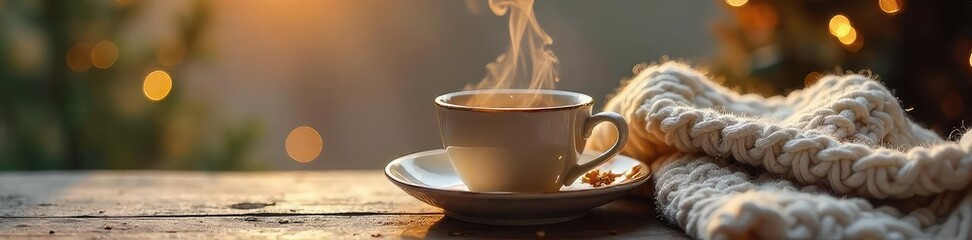 Cozy Winter Tea Steaming Cup on Wooden Table with Knitted Blanket, Radiating Warmth and Tranquility. Perfect for Relaxation, Self-Care, and Hygge.