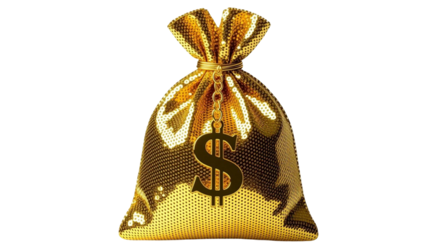 Shiny Gold Money Bag with Dollar Sign – Wealth and Finance Concept Isolated on Transparent Background