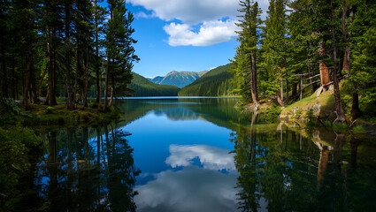 Fototapeta premium A serene lake reflects the surrounding forest and sky creating a peaceful and picturesque natural landscape with mountains in the distance