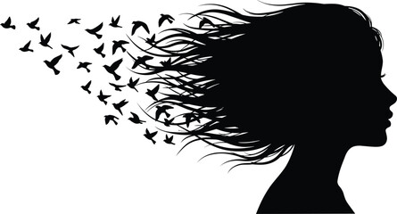Silhouette, woman profile, flowing hair, birds flying, freedom, transformation, nature, artistic design, black and white, creative concept, beauty, abstract art