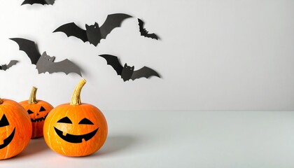 Fototapeta premium Cheerful Halloween Still Life: Jack-o'-Lantern Pumpkins and Paper Bats