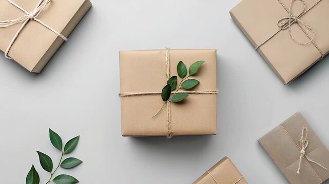 A collection of brown boxes bound together with twine and adorned with a green leaf