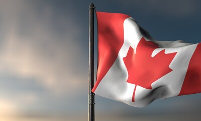 Canadian Flag: A striking depiction of the Canadian flag, a symbol of national pride, billowing gracefully against a vibrant, sun-kissed sky. Evoking feelings of patriotism and national unity.