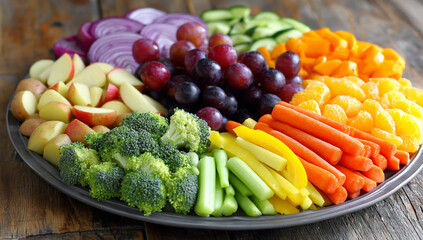 Colorful vegetable and fruit platter with grapes, carrots, and broccoli