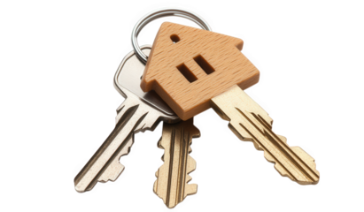 Bunch of keys isolated on transparent background, including a houseshaped key, representing home ownership, security, and the concept of finding a new place to live