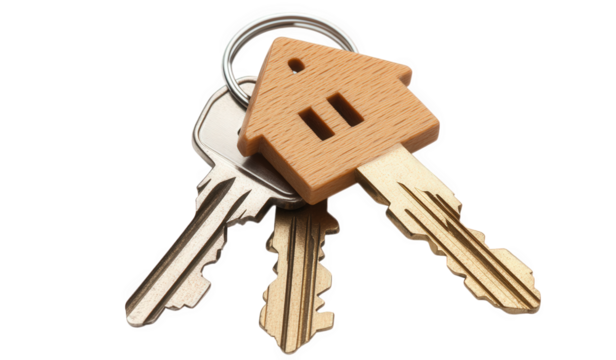 Bunch of keys isolated on transparent background, including a houseshaped key, representing home ownership, security, and the concept of finding a new place to live