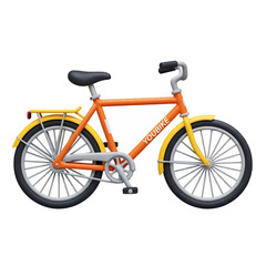 Obraz premium A bright orange and yellow bicycle with a black seat and fenders, parked against a white background.