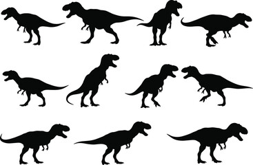 Tyrannosaurus rex silhouettes, dinosaur poses, prehistoric animal vector, fossil reptile art, Jurassic predator design, ancient wildlife illustration, 
